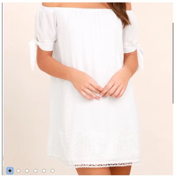 Lulus Size Medium White Off the Shoulder Shift Mini Dress Tie Sleeves Crochet La - Picture 2 of 10